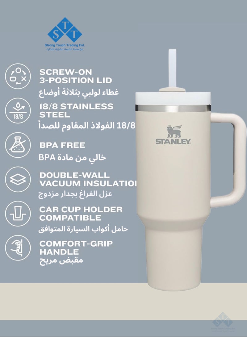 ستانلي كوب Quencher H2.0 FlowState المصنوع من الفولاذ المقاوم للصدأ معزول بالفراغ مع غطاء وقشة للماء والشاي المثلج أو القهوة والعصائر والمزيد (ناعم غير لامع / DUNE) 40 أونصة جديد - Image 3